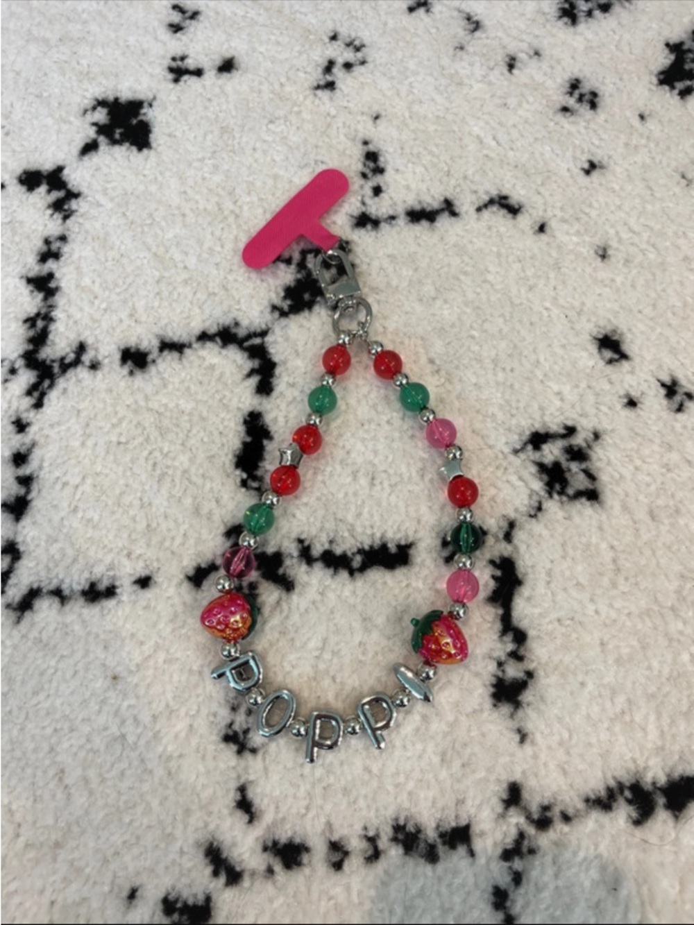 Poppi Strawberry Beaded Pink & Green Cell Phone Charm